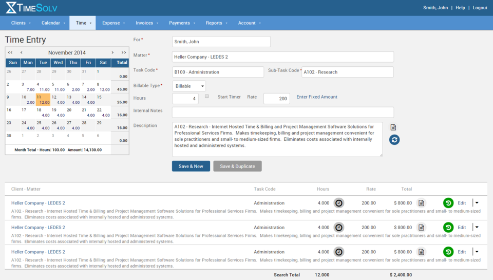 screenshot of TimeSolv Legal Billing